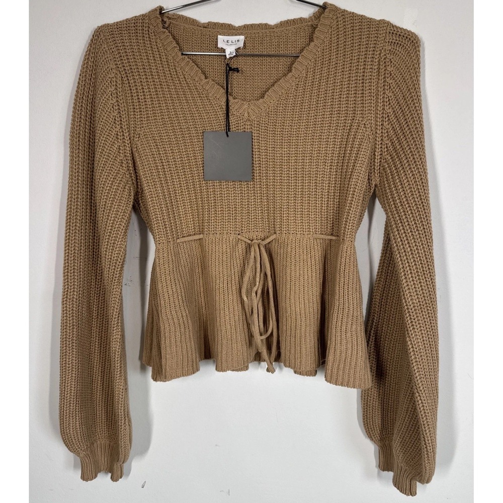 NWT Le Lis Ribbed Knit V-Neck Peplum Sweater Women's L Lantern Sleeves Coquette